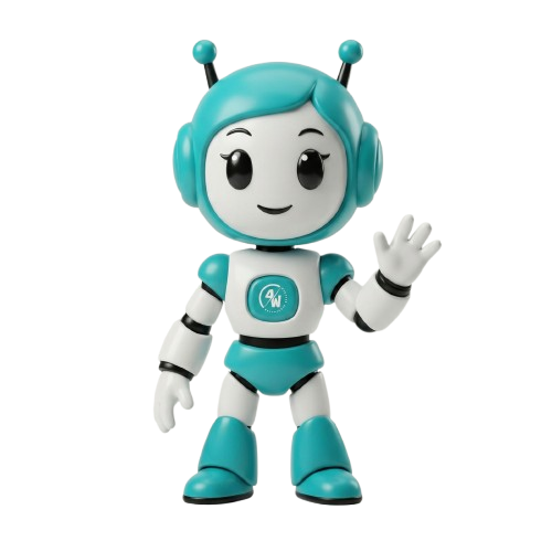 A friendly, cartoon-style 3D robot character with a teal head, white body, and teal accents. The robot has large friendly eyes, small antennae, a teal logo on its chest, and is waving with its right hand against a clean grey background