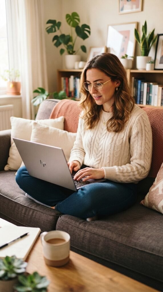 Woman wearing glasses working on an HP laptop while sitting cross-legged on a couch in a cozy living room